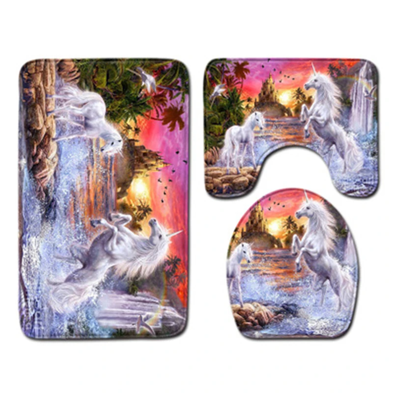 Nordic 3Pcs Cartoon Unicorn Bath Mat Set Flannel Anti Slip Toilet Pad Shower Room Decorative Girls Rug Carpet Bathroom | Дом и сад