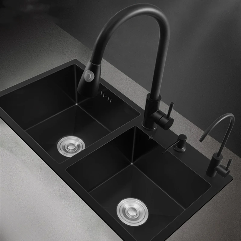 Двойная раковина Nano 304 из нержавеющей стали черная ручная мойка без крана