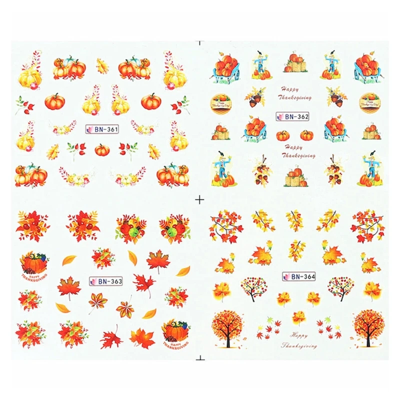 Q1QD 1 Sheet Fall Autumn Maple Leaf Pumpkin Pattern Nail Art Stickers Thanksgiving Harvest Holiday Water Transfer Decals DIY