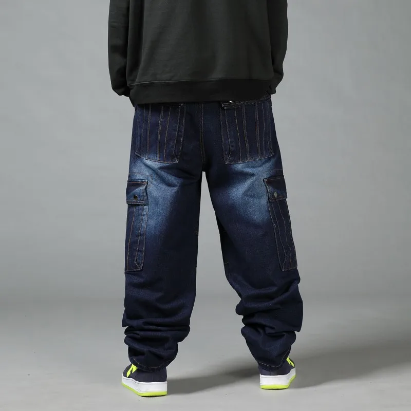 

New Large Size 44 46 Blue Baggy Men Jeans Slim Fit Straight Loose Demin Pants Big Multi Pockets Casual Trousers Pantalon Homme