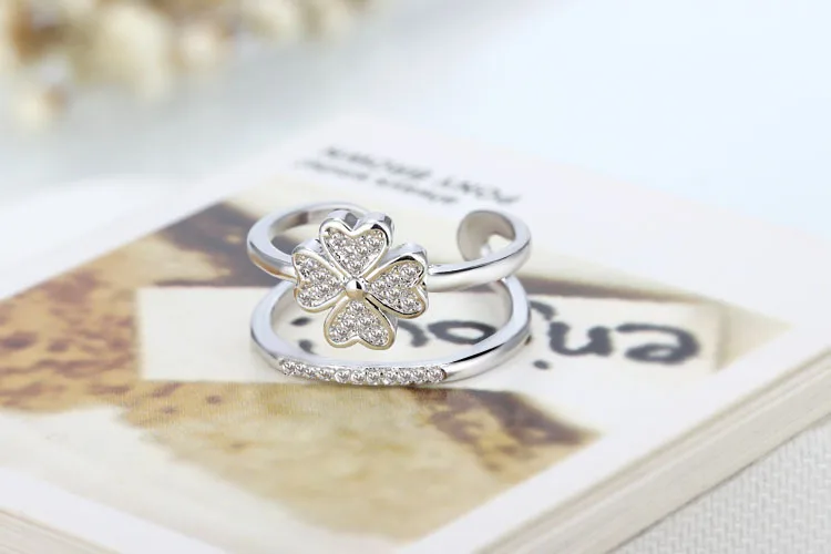 925 пробы серебряные кольца для женщин мозаика из фианита на удачу четырехлистный