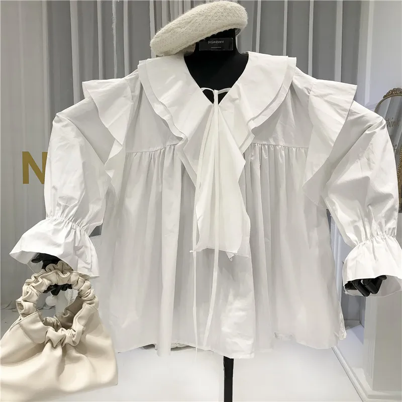 

2021 Spring Ruffled Tied Loose Long Sleeve Shirt Women Sweet Solid Oversized Blouse Femme All-Matching Lapel Pullover Top Blusas