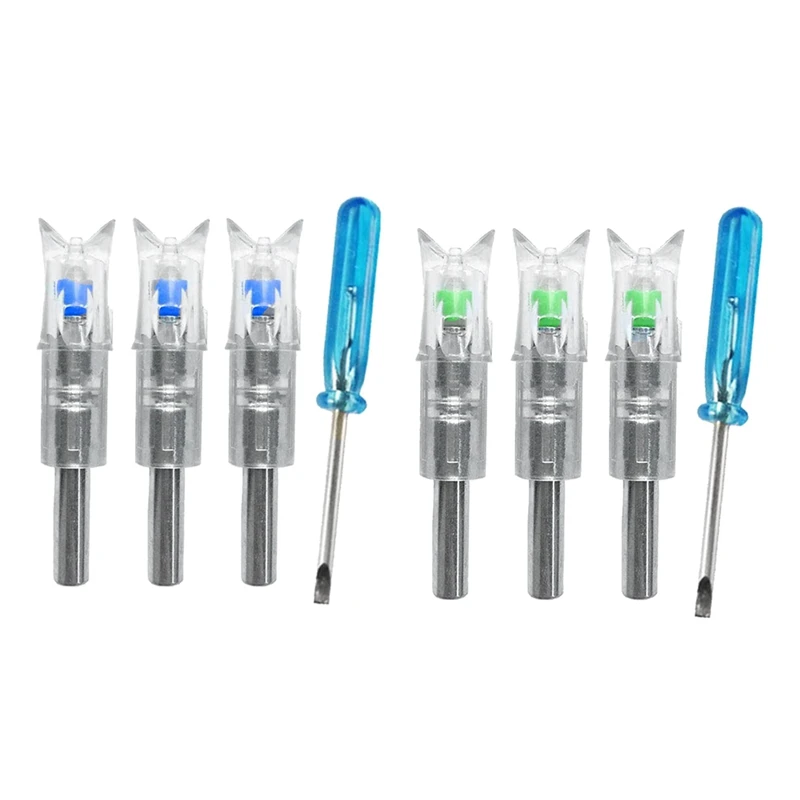 

6 Pcs LED Luminous Nock with Switch 7.62mm Diameter Card String Lights Up the Crossbow Nock, 3 Pcs Blue & 3 Pcs Green