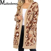2021 leopard print fuzzy midi cardigan female bohemian loose long sleeve oversized sweaters cardigans for women fall winter coat