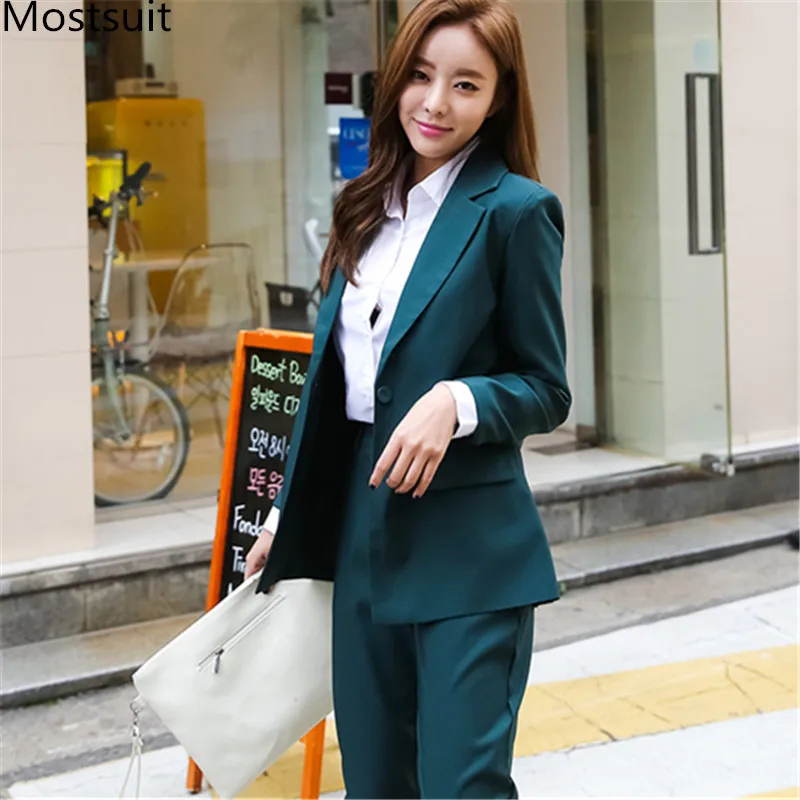 

Korean Casual Women Pant Suit Sets Single Buttons Blazer Jacket + Pencil Pants Sets Women Fashion Office Business 2 Piece Suits