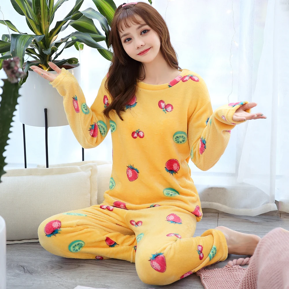 pajamas Зимние теплые пижамы для женщин с длинным рукавом, толстые коралловые бархатные пижамные комплекты, цветочные фланелевые бархатные пижамы Feminino Pijama Mujer - Цвет: pajamas