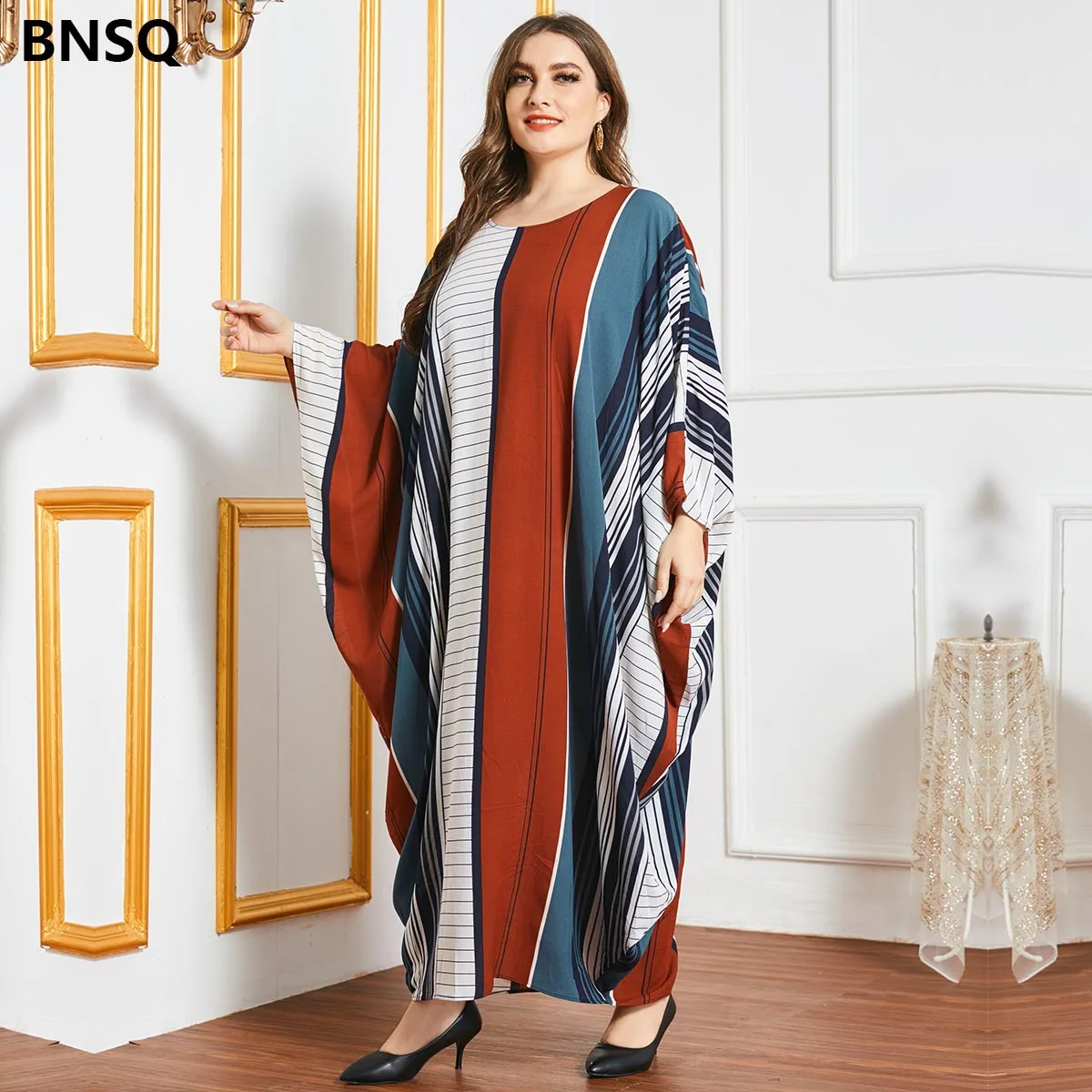 

Arab Hui Middle East Large Size Oversized Casual Loose Color Striped Fashion Print Bat Long Sleeve Dubai Robe Muslim Women's Dre