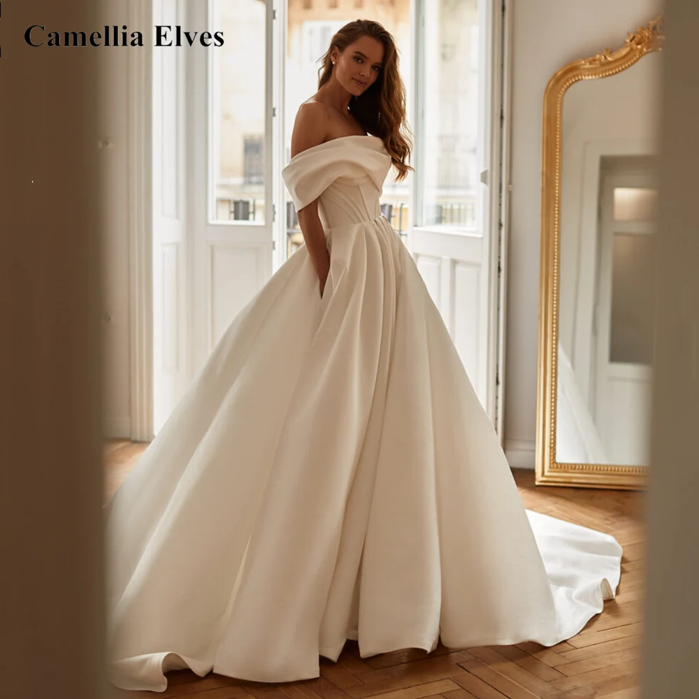 

Off The Shoulder Satin Wedding Dresses A-line Bride Gowns Lace-up Back Bridal Robe Wedding Gowns Vestidos De Novia 2022