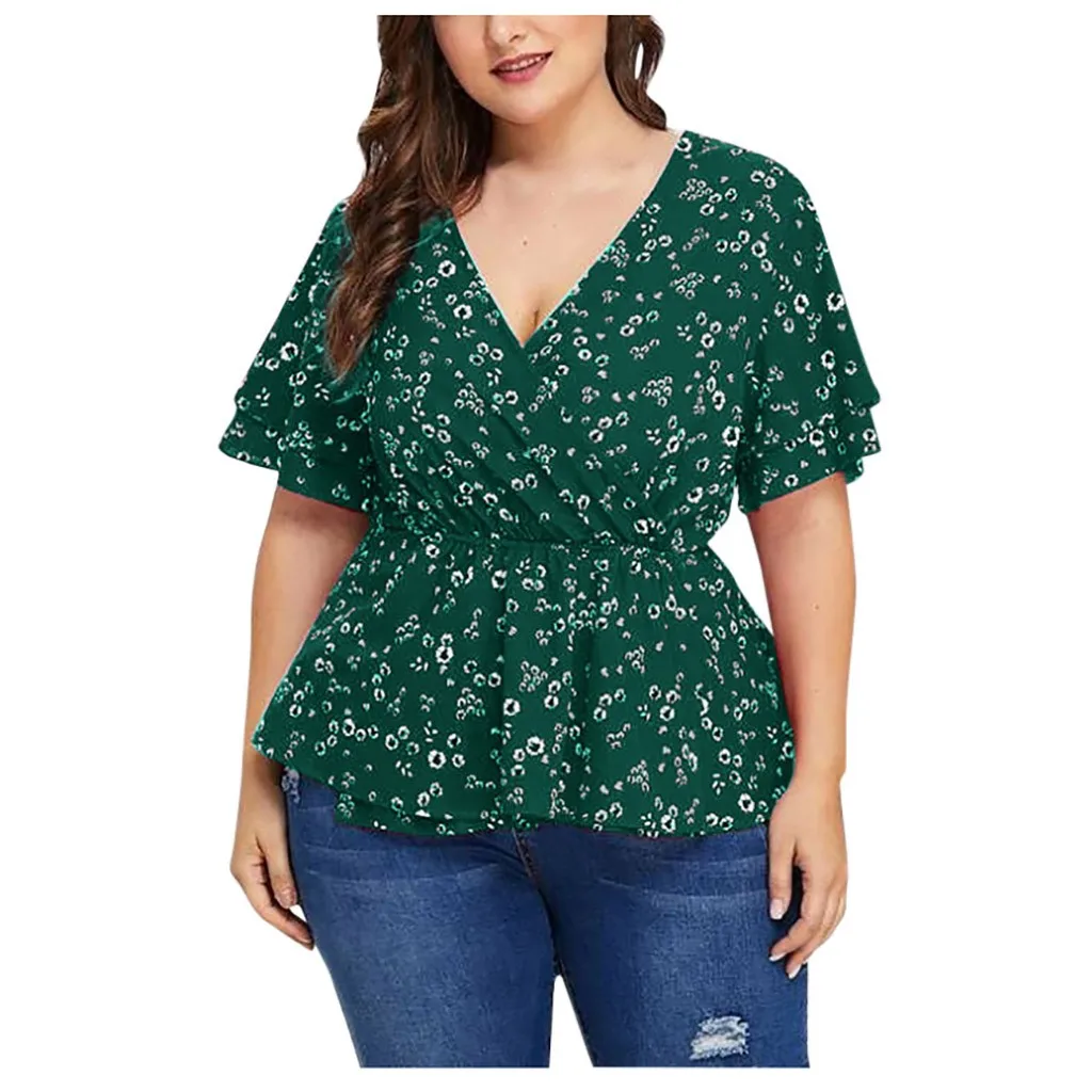 Новые блузки для женщин топ размера плюс v-образный вырез короткий рукав оборки