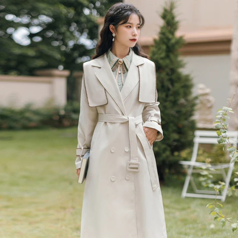 

WEIHAOBANG 2021 Autumn Winter New Women's Windbreaker Solid Color Lapel Double Row Button Medium Long Pocket Windbreaker Coat