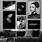 Модный плакат черно-белого цвета с изображением пианино для леди, настенное искусство, Картина на холсте с цветами, бабочкой, Современное украшение для комнаты для девушек, картина