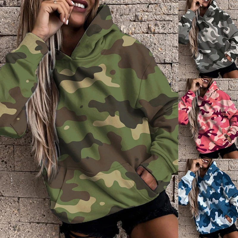 

Camouflage Printed Hoodies Women'S Casual Long-Sleeve Pullover Hooded Streetwear Sweatshirts Fashion 2021