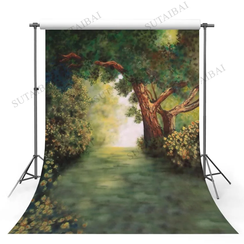 

Photography Backdrop Oil Painting Path Spring Flower Forest Background Photocall Photo Studio Shoot Prop Fabric