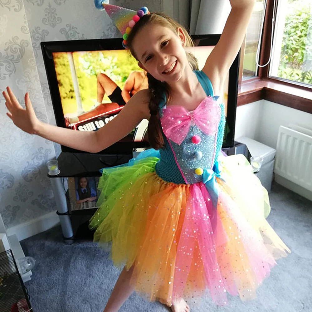 Девочек костюм клоуна Пышные юбки-пачки радужной расцветки нарядное платье для