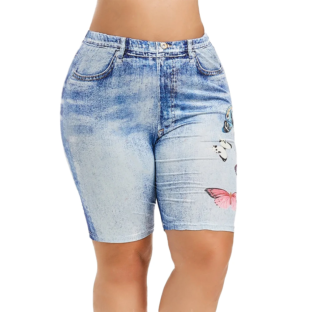 

Imitation Jeans Pant Woemn Butterfly Printed Skinny Imitation Pants Knee Length Summmer Pant Female Casual Pockets Stretch Pant