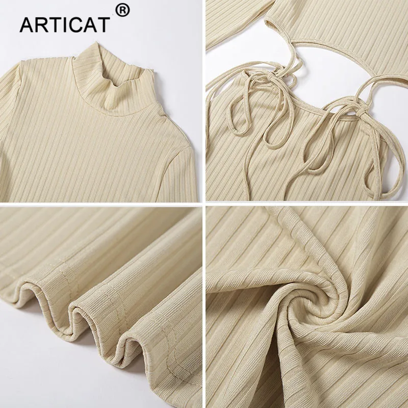 

Articat Ribbed Hollow Out O Neck Drawstring Dress For Women Solid Long Sleeve Mini Dresses Skinny Partywear Female Vestidos