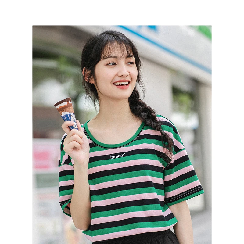Женская футболка INMAN летняя цветная в полоску с коротким рукавом|Футболки| |