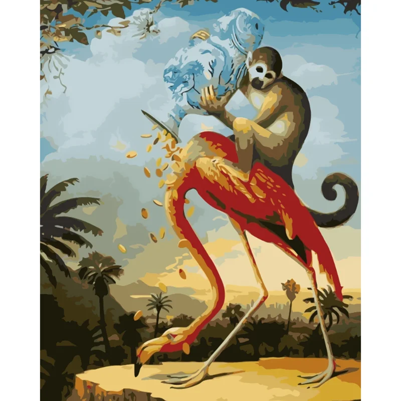 

DIY digital oil painting picture monkey and red-crowned crane hand-painted oil painting gift canvas painting and digital home de