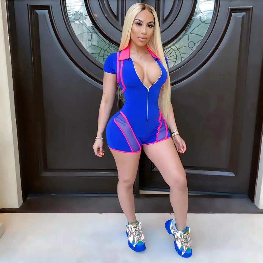 

2020 Europe Summer new solid color one-piece pants fashion slim V-neck zipper short sleeve women's top and shorts