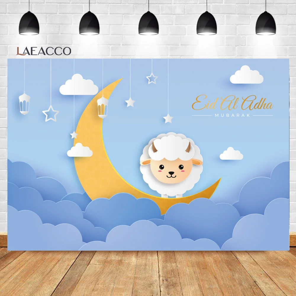 

Laeacco Eid AL Adha Mubarak Clouds Crescent Moon Goat Blue Photocall Background Baby Customized Portrait Photographic Backdrops
