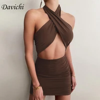 brown cross halter neck sexy dress summer women birthday party clothing hollow out fashion bodycon off shoulder mini dresses bwa