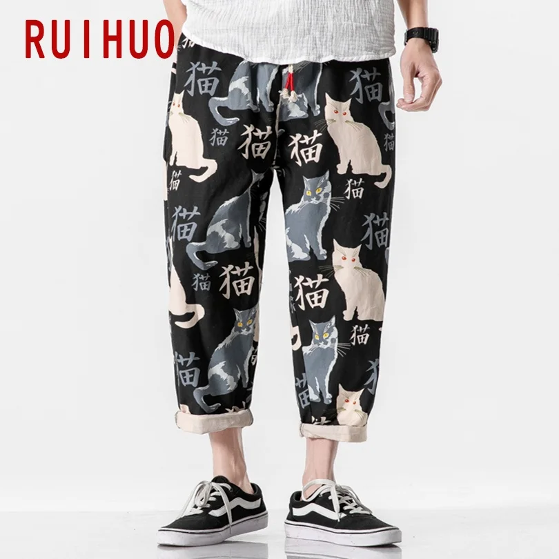 RUIHUO 2022 New Cat Print Harem Pants Men Trousers Casual Baggy Ankle-Length Sweatpants Hip Hop Streetwear M-5XL | Мужская одежда