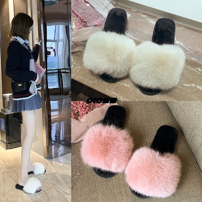 Женские разноцветные шлепанцы с искусственным лисьим мехом Модные пушистые