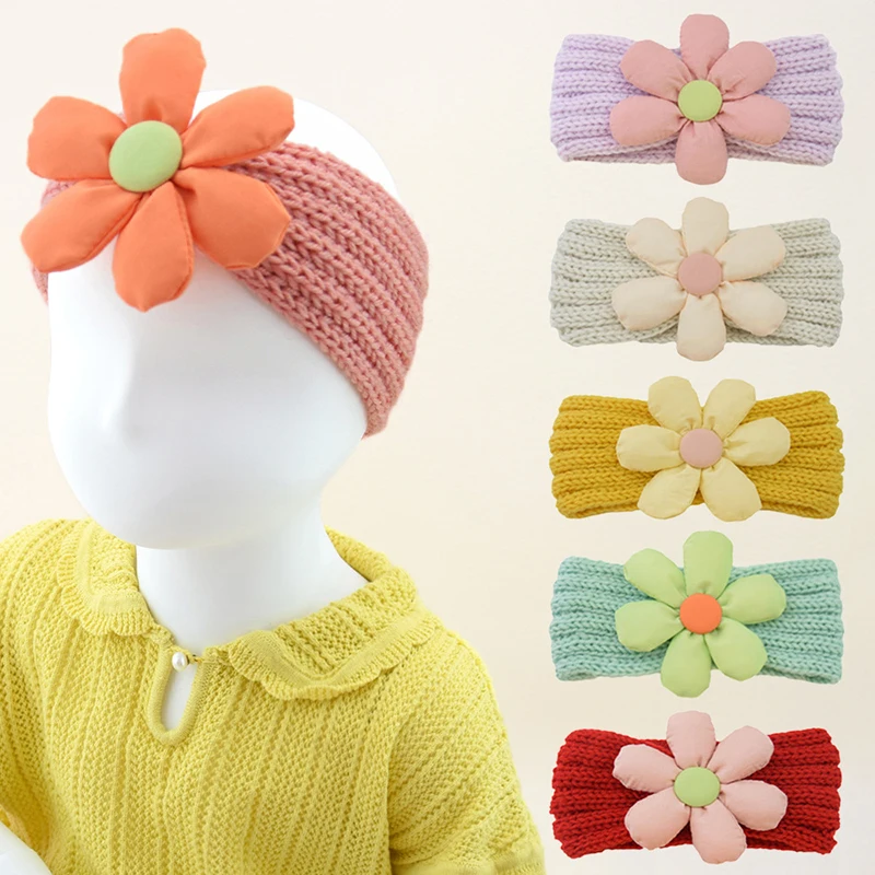 

New Cute Sweet Kids Knitting Headband Big Cloth Flower Hairband Soft Comfortable Hair Bands Elastic Warm Hair Accessories
