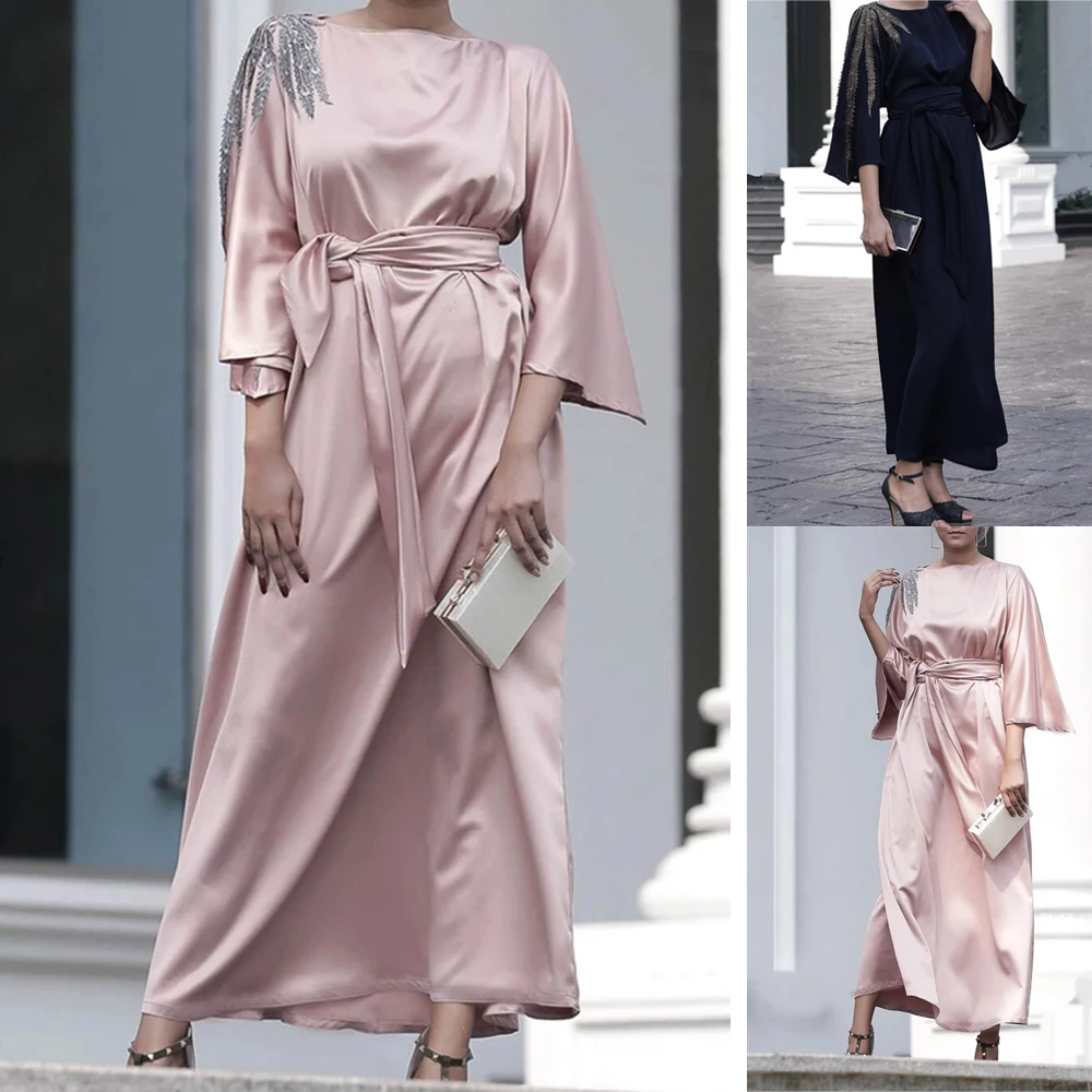 "Женское длинное платье с вышивкой Дубай, элегантное арабское абайя с круглым вырезом, Средний Восток, мусульманский вечерний кафтан для вес..."