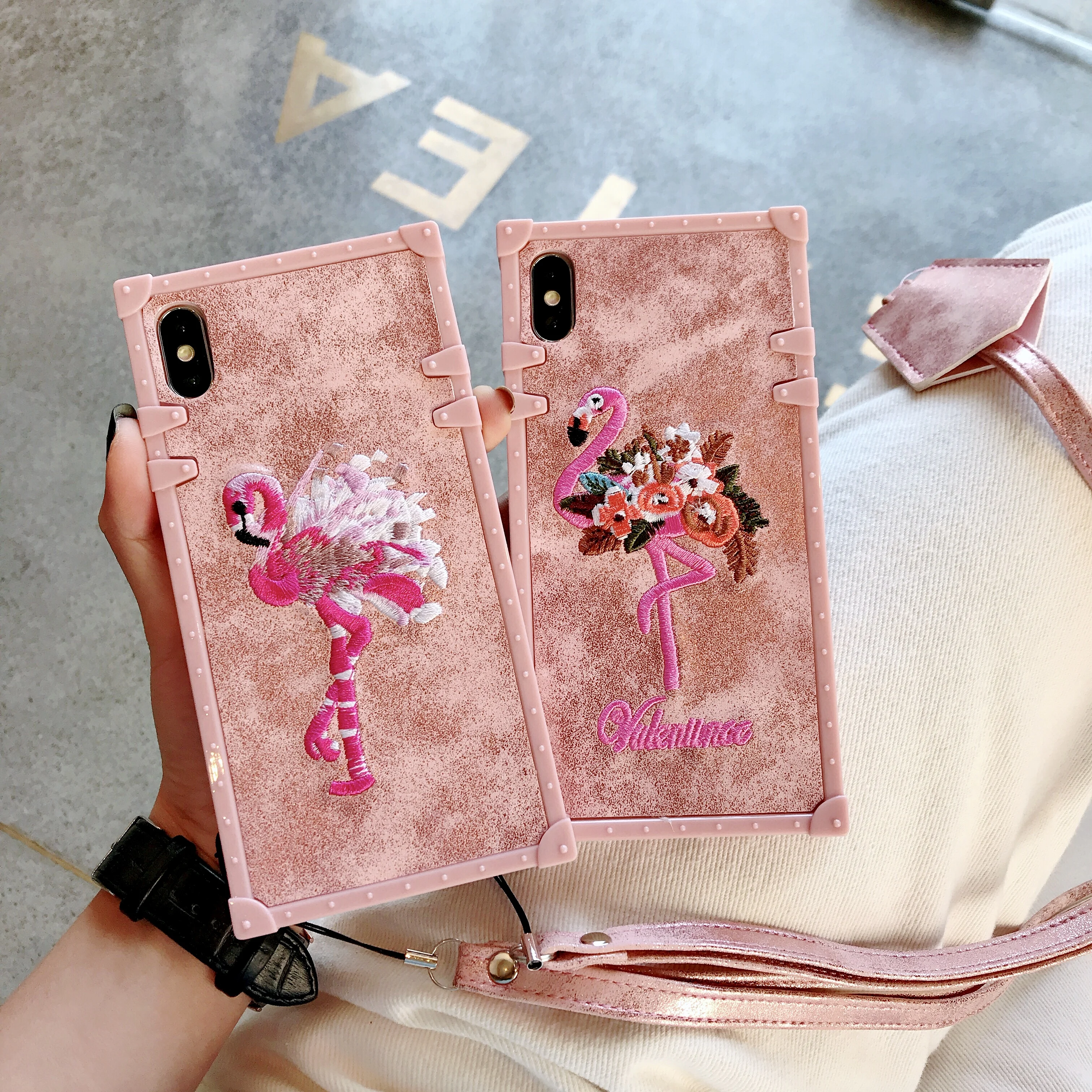 Чехол для iPhone X XS Xr Xs Max чехол корейский квадратный вышивка Фламинго девушек с