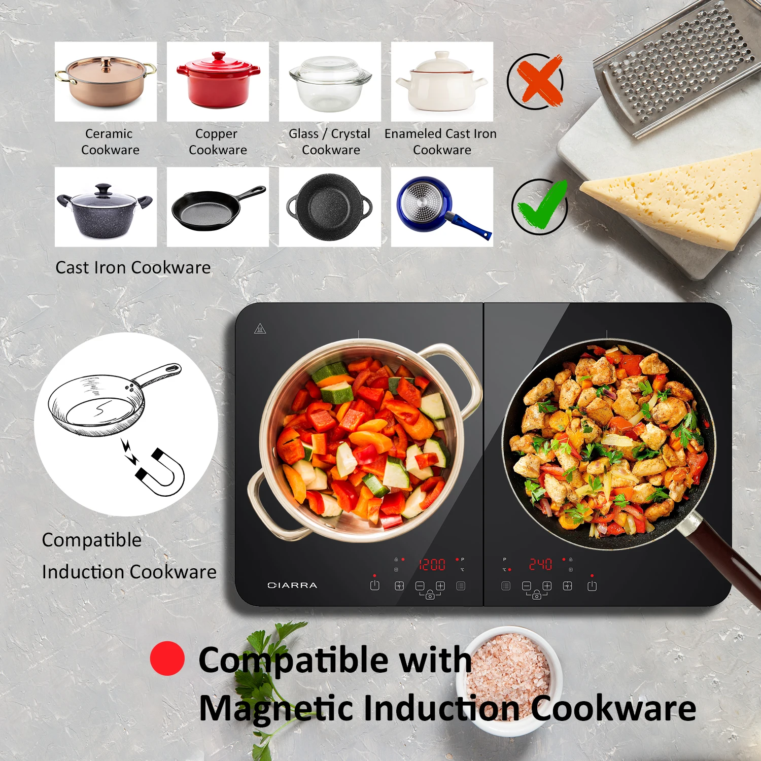 

Induction Hob 3500W, Double Induction Cooker with Sensor Touch Control 10 Temperature Levels Multiple Power Level