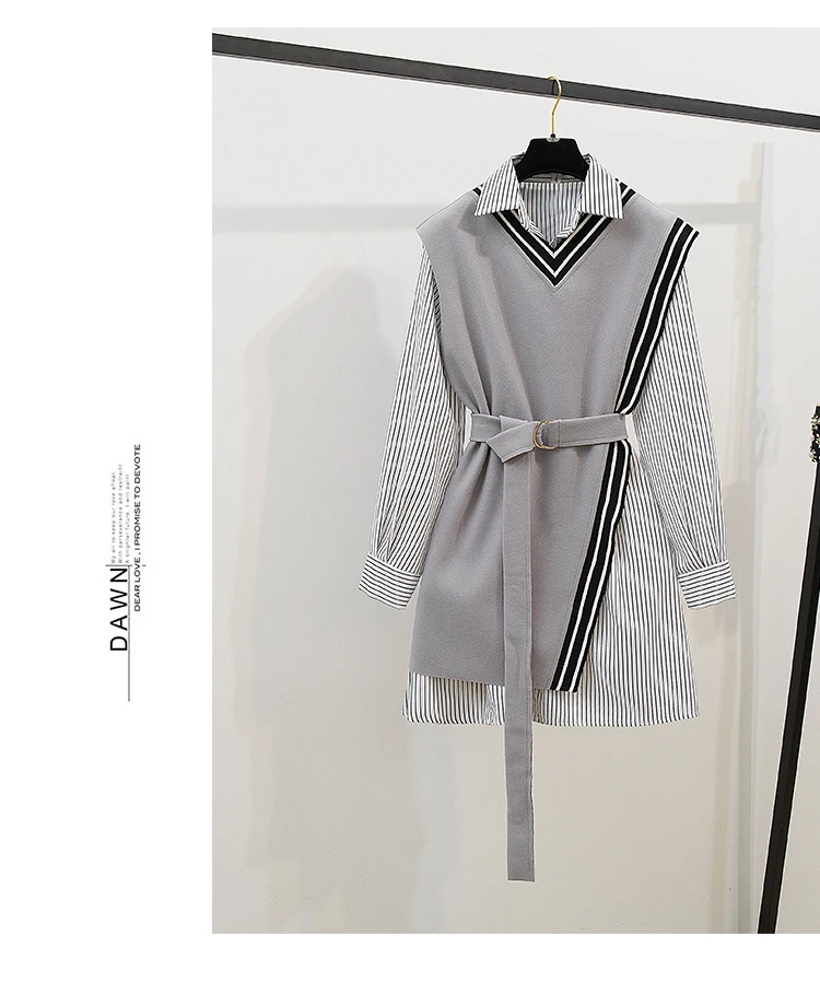 Streetwear Two Piece Dress Women Autumn Winter long Sleeve Shirt Mini Dresses with belt plus size elegant party Dress vestidos