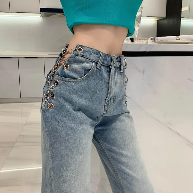 

New Spring Fashion Sexy Chain Jeans Female High Waist Straight Pants Femme High Street Women Denim Pants Mujer