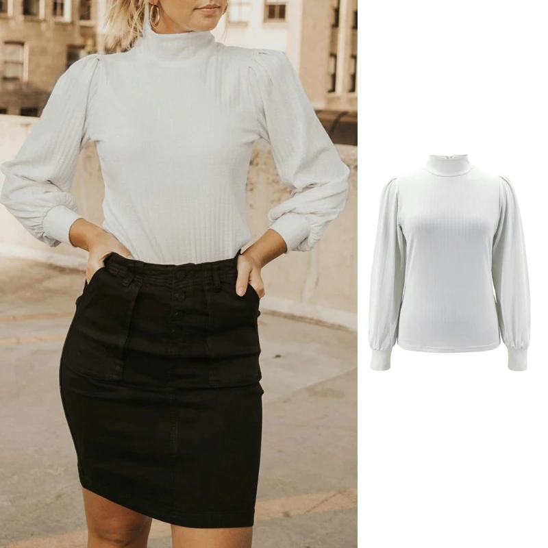 

Women Autumn Vintage Puff Long Sleeve Shirts Turtleneck Buttons Back Slim Fit White Pullover Top Ribbed Striped Casual Basic Jum