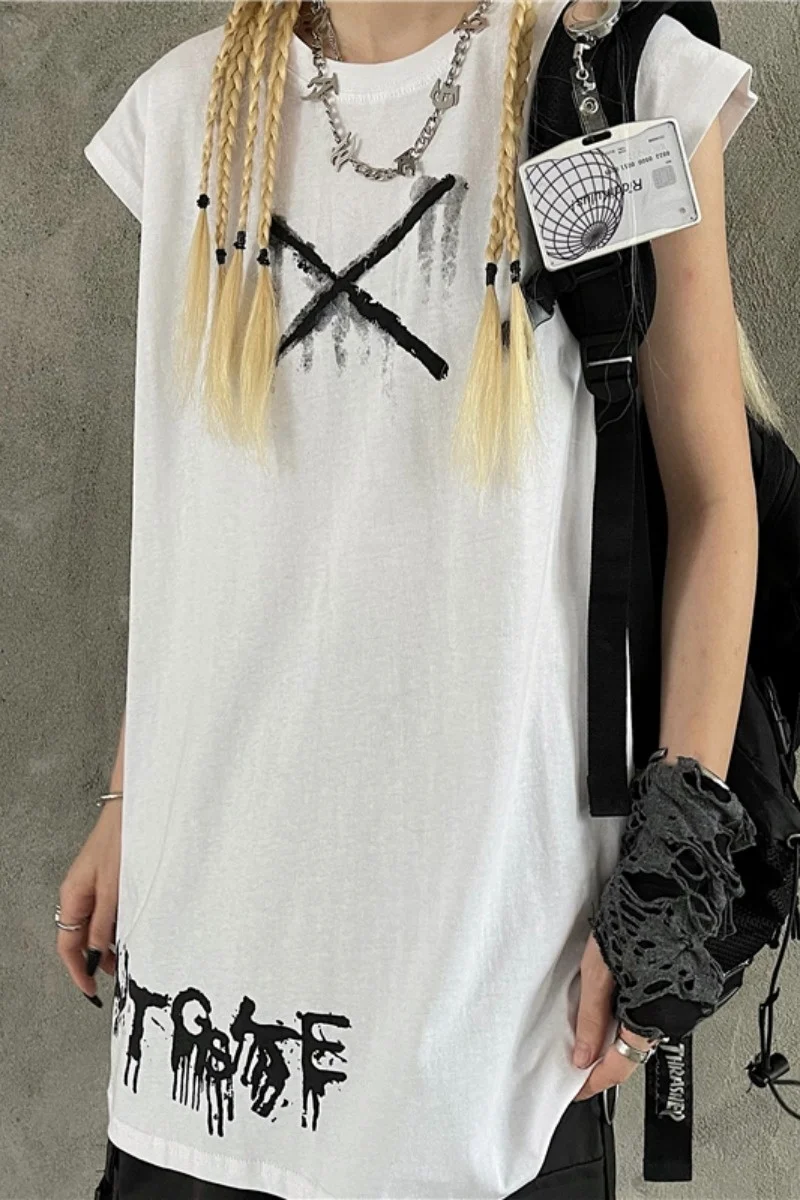 

Vest Women's Summer Gothic Punk T-shirt For Couples Tank Top Harajuku Style Dark Black Print Long Loose Oversize Sleeveless Tops
