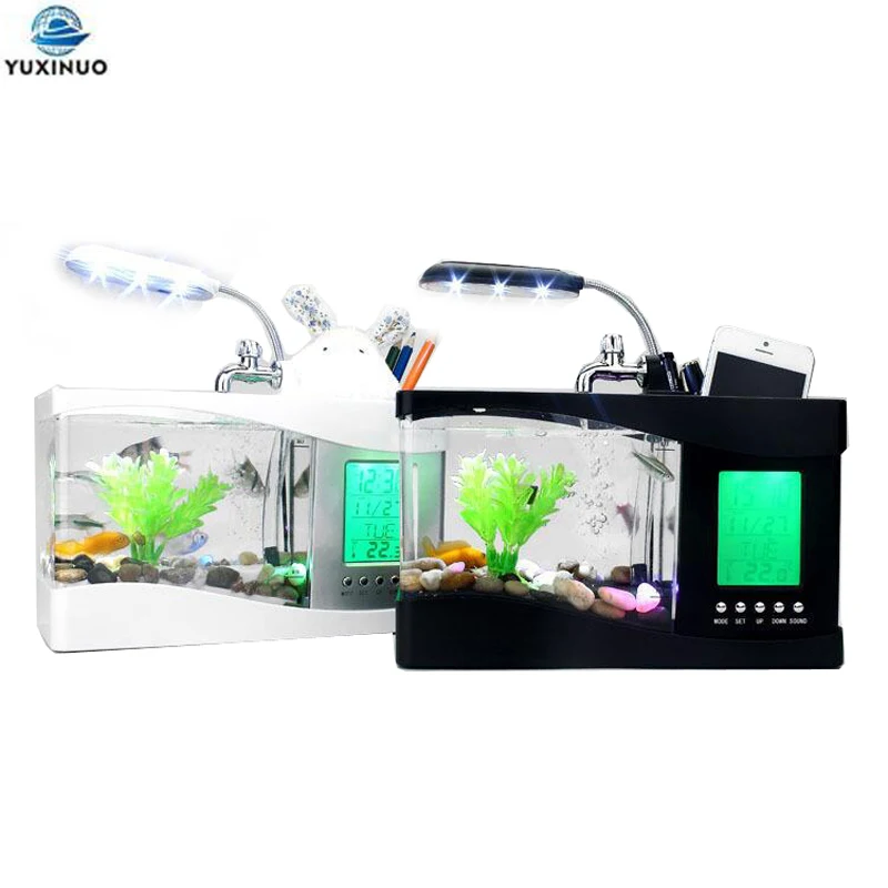 USB Desktop Mini Aquarium Fish Tank with LED Light Lamp LCD 