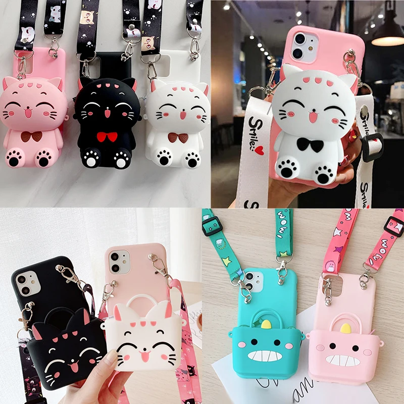 3d cartoon coin bags soft silicon phone case for xiaomi redmi note 10 pro 9 9a 9c 9t 8 8t 8a poco x3 nfc m3 cover with lanyard free global shipping