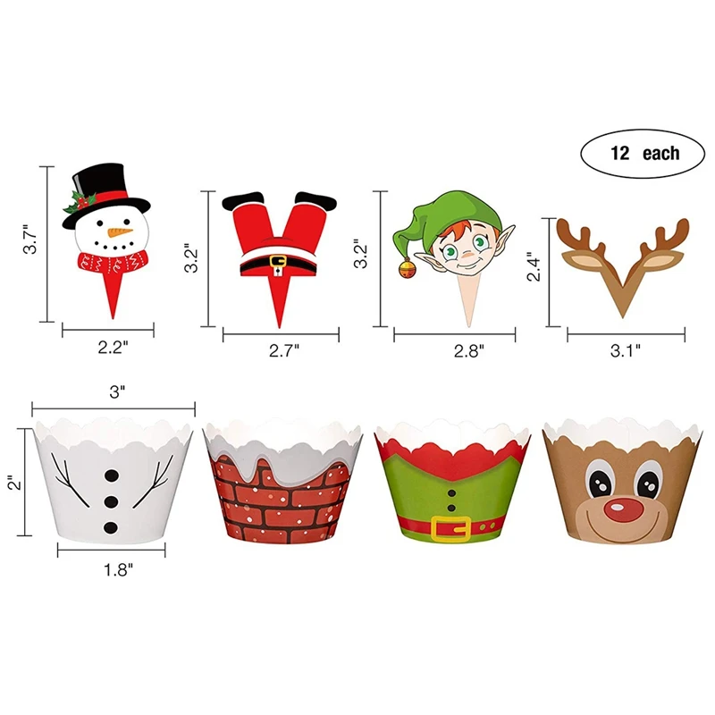 48 комплектов Рождественский капкейк верхушки и обертки вечерние принадлежности