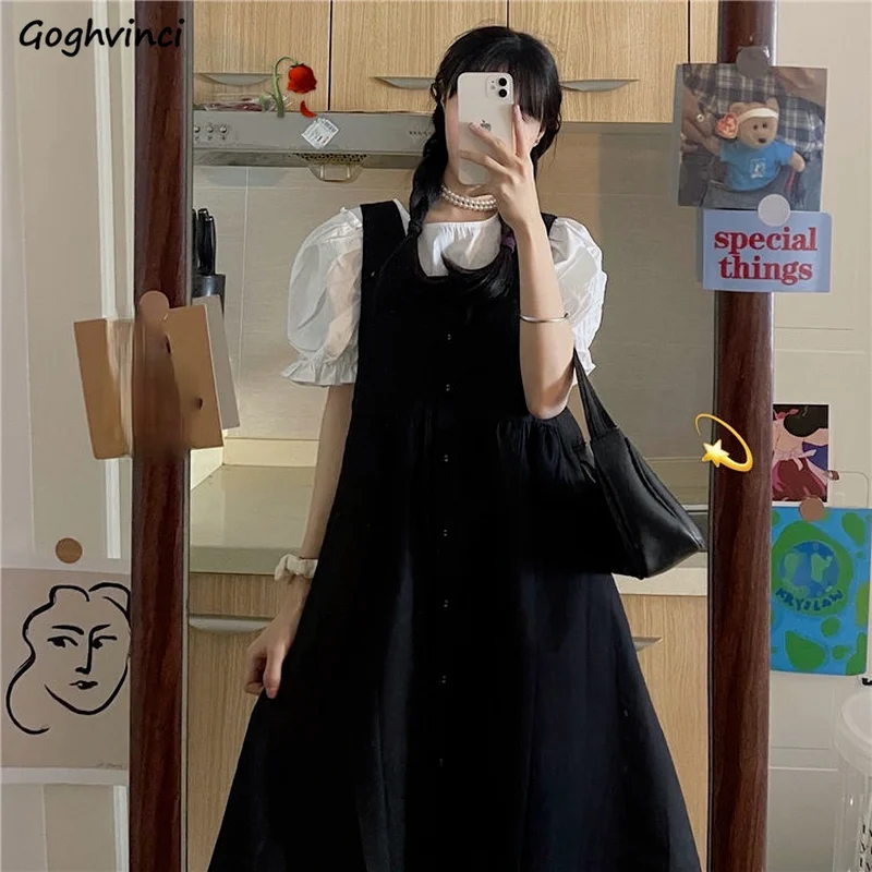 

Sleeveless Dress Women Students Dresses Midi Square Collar Casual A-line All-match Elegant New Korean Mujer Chic Vestidos Black