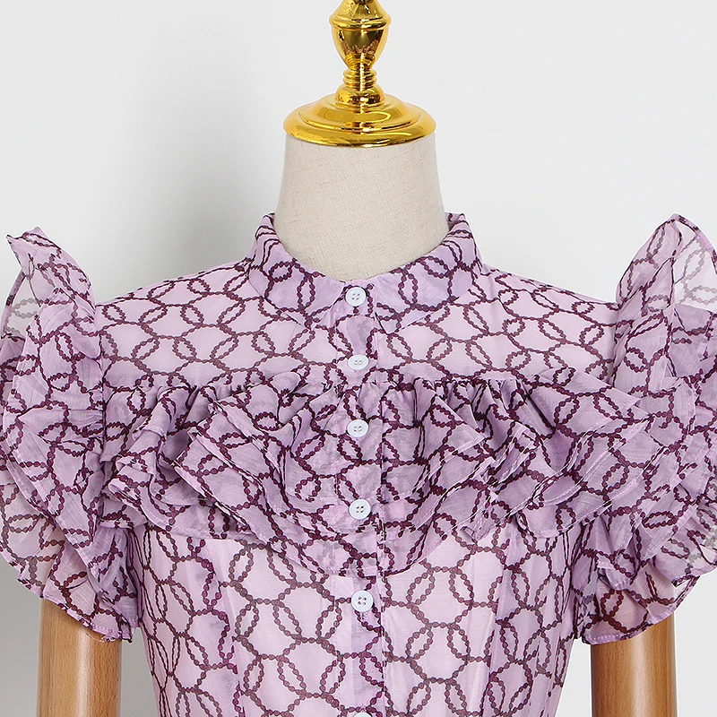 

TWOTWINSTYLE Elegant Print Women Dress Lapel Neck Puff Short Sleeve High Wiast Patchwork Ruffles Mini Dresses For Female Fashion