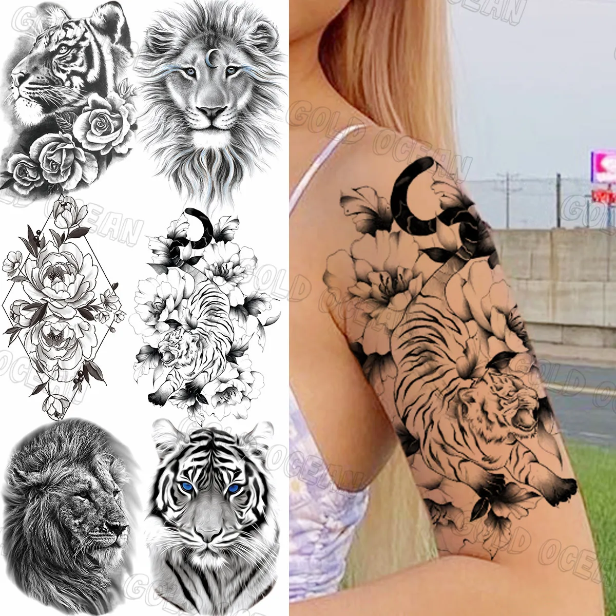 

Water Transfer Tiger Dahlia Temporary Tattoos For Women Men Realistic Geometric Lion Rose Fake Tattoo Sticker Arm Chest Tatoos