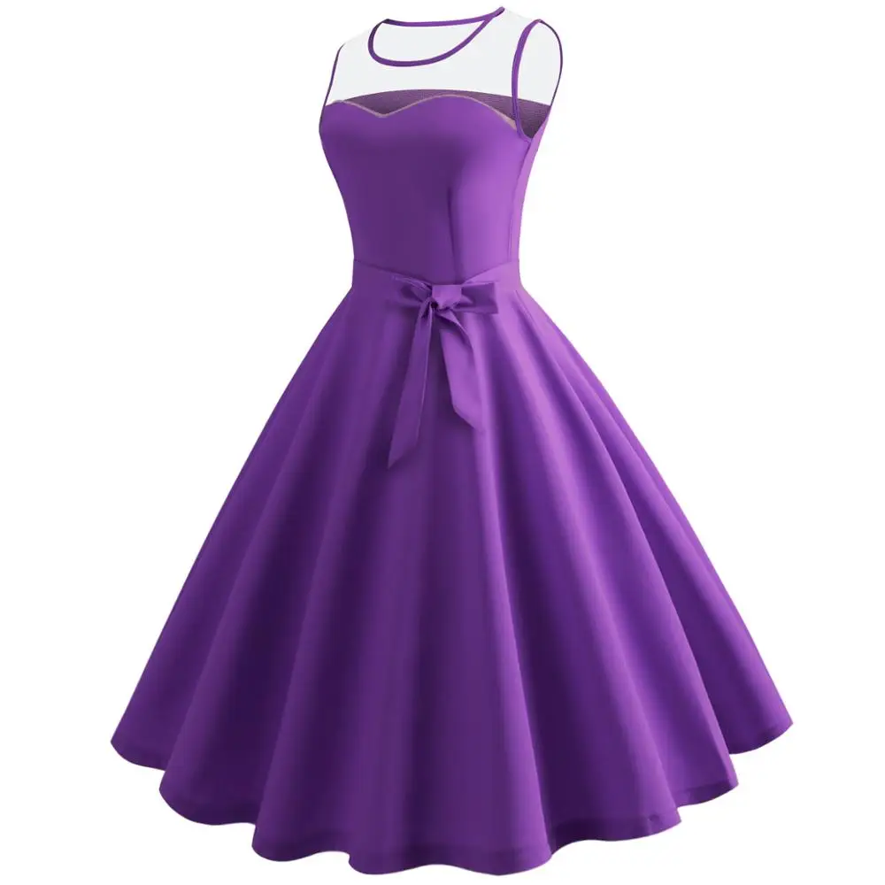 

Summer Solid Purple Color Vintage Dress Women Short Sleeve O Neck Collar Elegant Office Party Midi Dresses Belt
