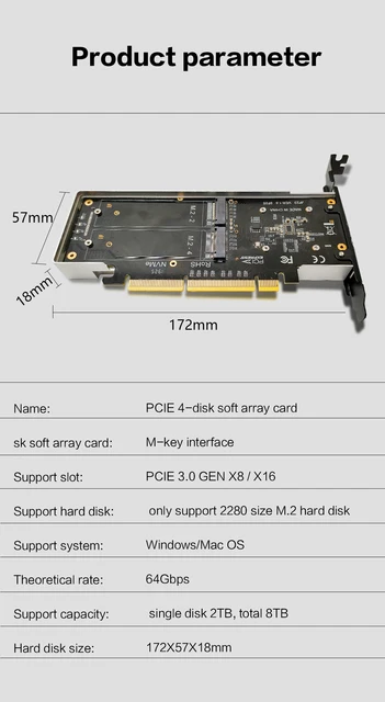 JMT PCIe 4.0 16x to 4X M.2 NVME SSD Adapter Card PCIe 4.0 GEN4 Full Speed  Bifurcation Four-Bay Board Expansion Card 1 to 4 M.2 NVMe SSD Adapter