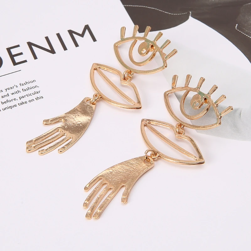 

Geometric Hollow Eye Lip Palm Statement Earrings for Women Abstract Face Jewelry