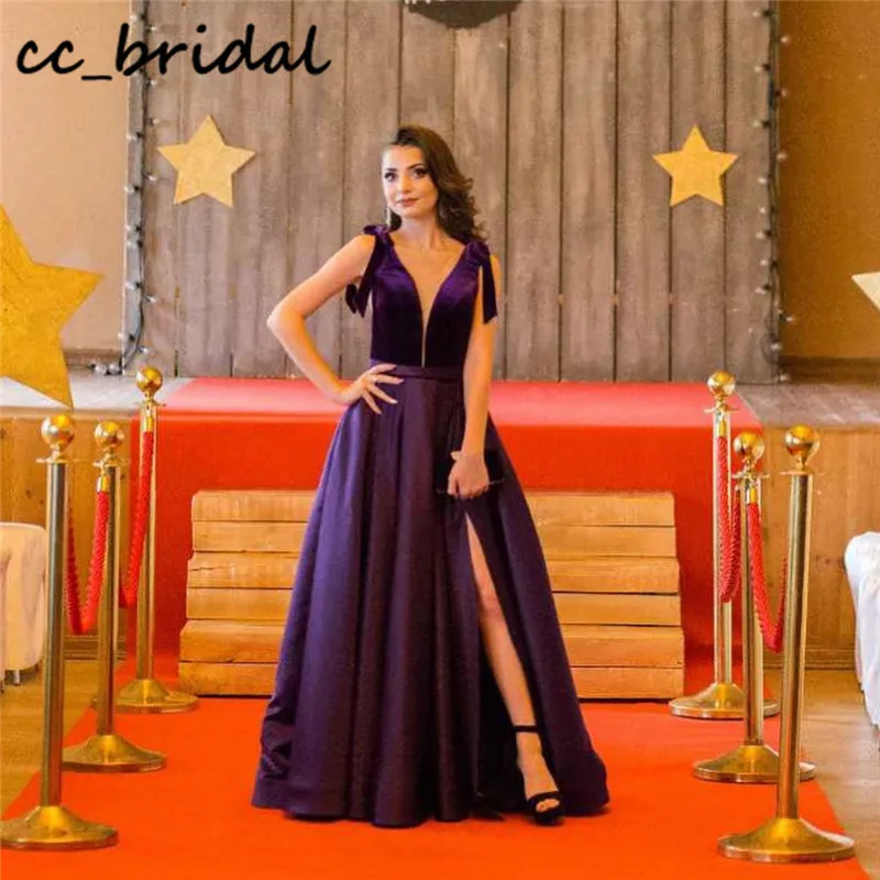 

Split A-line Prom Dresses Long 2020 Elegant V-neck Pueple Evening Dress Woman Party Night Gowns Cheap Plus Size robe de soiree