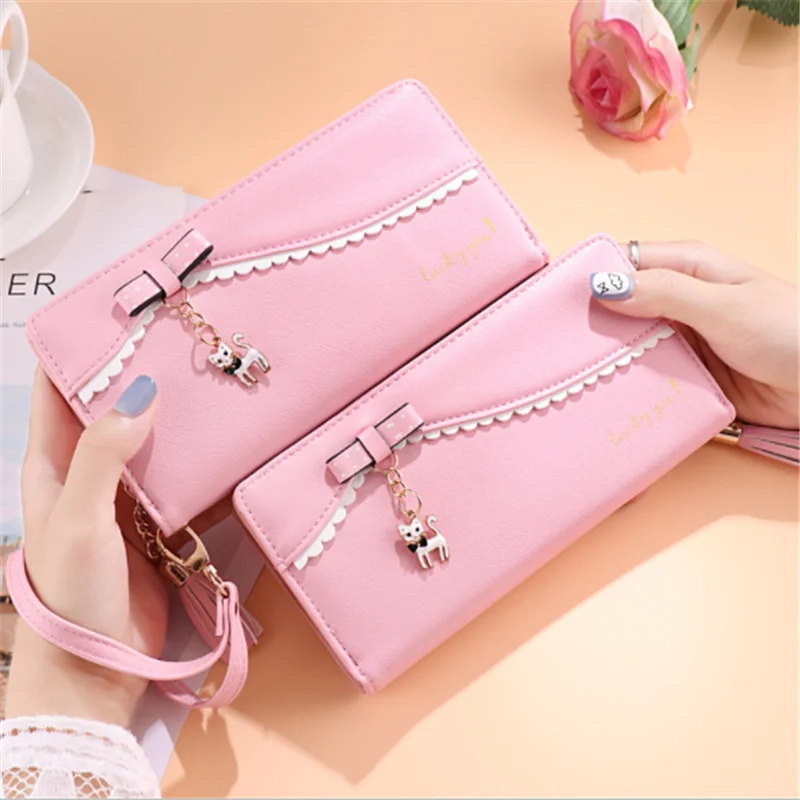 

New Fashion Women Wallets Long Zipper Large Capacity Mobile Phone Bag Cute Cat Pendant Tassel Clutch Luxury Brand Coin Purse