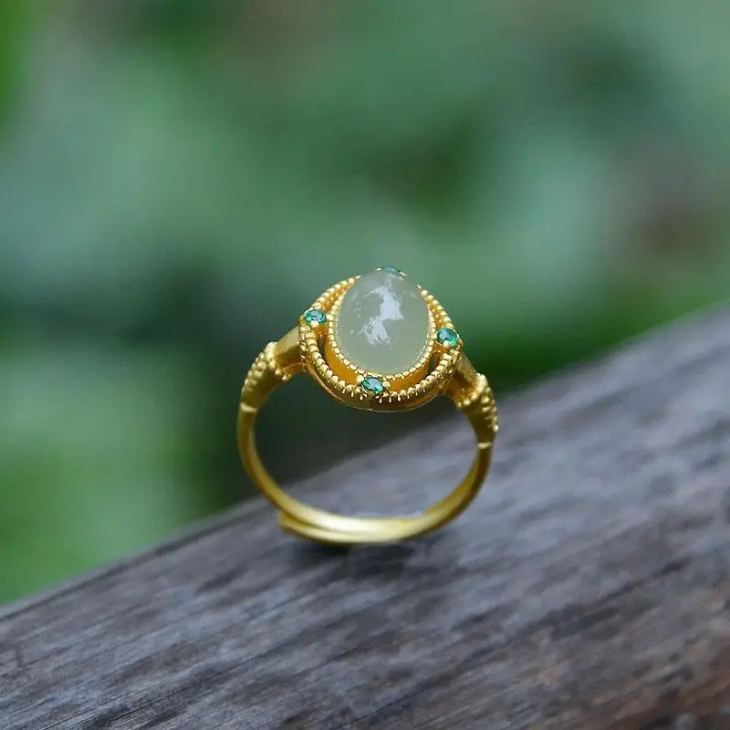

Ancient gold craftsmanship inlaid natural Hetian jasper oval diamond adjustable ring exquisite temperament ladies jewelry