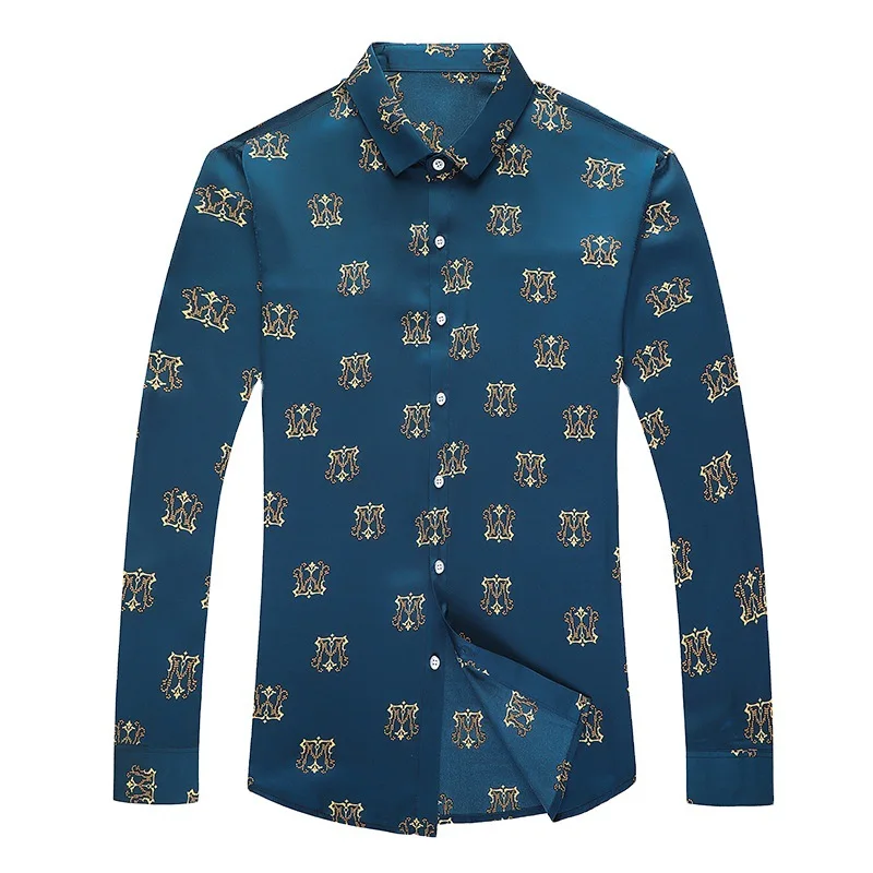 

Korean Style Business Casual printing Long Sleeve Men's Shirt Autumn New Quality Polyester Icy Smooth Luxury Chemise homme M-3XL