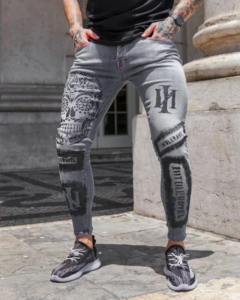 

2021 men's stretch denim feet pants slim slimming printed gray jeans men