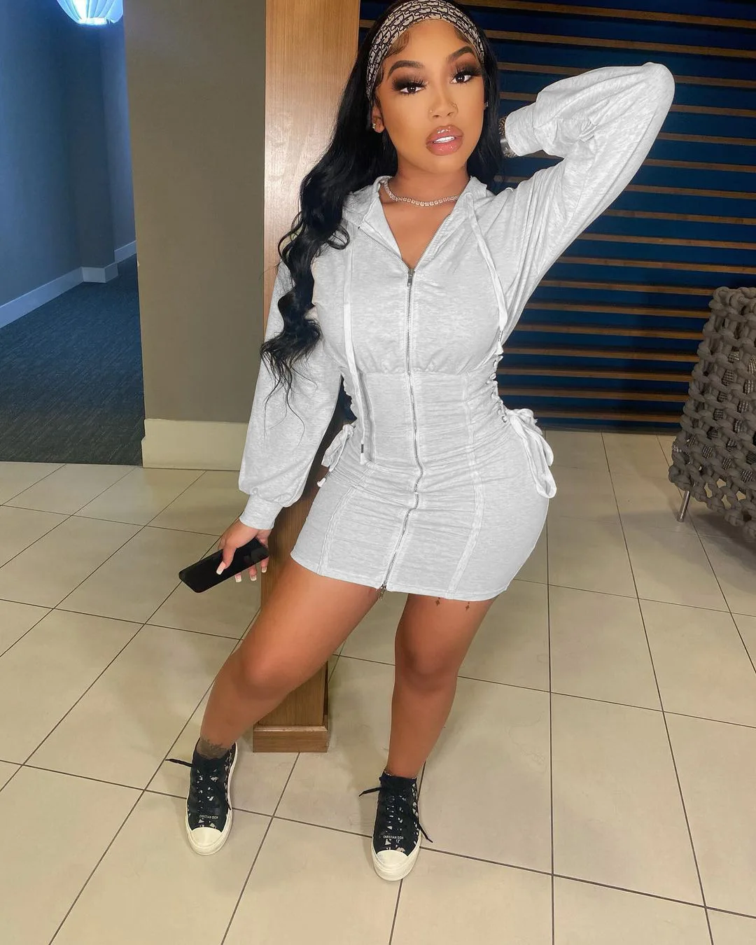 

Casaul Women Mini Dress Drawstring Bodycon High Streetwear Front Zipper Tracksuit Clothes For Women Vestidos